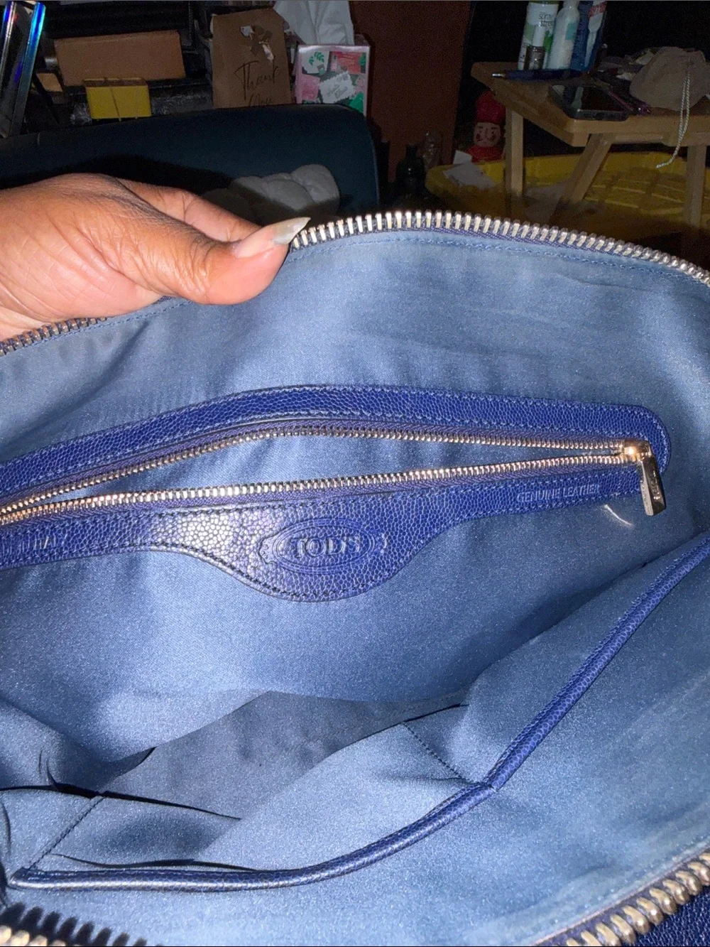 TODS Classic Navy Leather Satchel Handbag with Gold Hardware Sella Bauletto